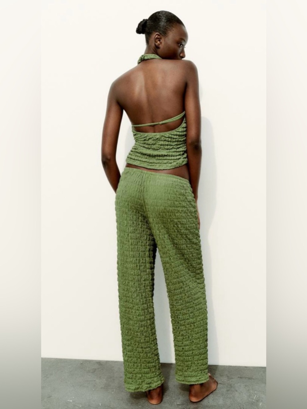 Zara Olive Green Textured Wide-Leg Pants and Open Back Top Set 5039/347-5039/492